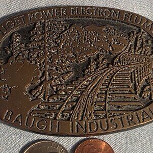Vintage 1985 Metal Belt Buckle, Brass, Puget Power Electron Flume, Baugh
